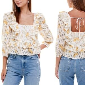 NWT WAYF Asher Eyelet Embroidered Peplum Crop Top In Ivory Floral